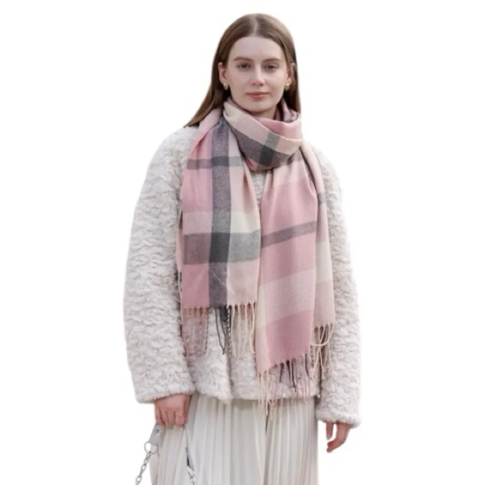 Winter Knit, Long Pink And Grey Plaid Scarf With Fringe New